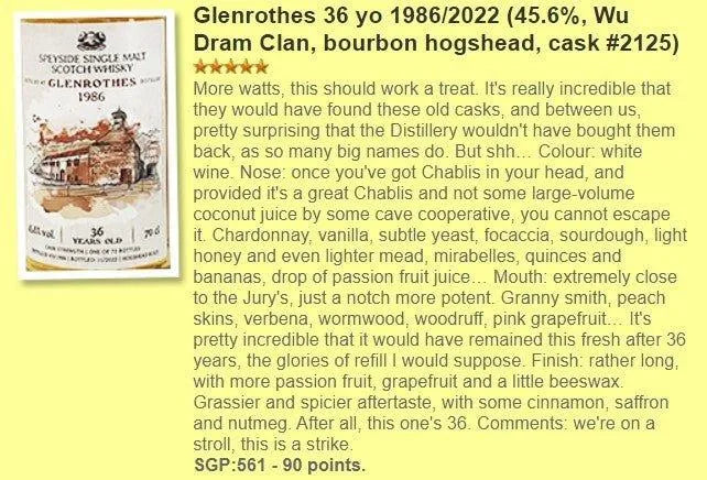 Wu Dram Clan Glenrothes - 36YO, 1986/2022, #2125, 45.6% (WN91, WF90) - Scotch Whisky