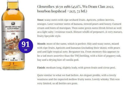 Wu Dram Clan Glenrothes - 36YO, 1986/2022, #2125, 45.6% (WN91, WF90) - Scotch Whisky