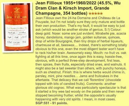 Wu Dram Clan Jean Fillioux - ~62YO, 1955+1960/2022, Cognac, 45.5% (WF91 WN90) - Cognac