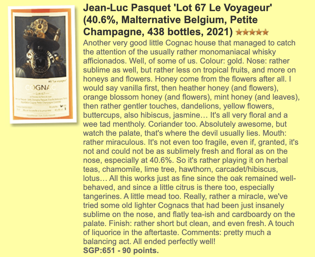Jean-Luc - Pasquet Cognac Lot67, ~54YO, 1967/2021, 40.6% (WF90) , Cognac, whiskyfun