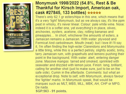 Rest & Be Thankful Monymusk- 23YO, 1998/2022, 54.8% Type : Single Jamaica Rum 冧酒 Whiskyfun