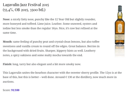 Lagavulin - 2015, Islay Jazz Festival, 55.4% Type: Single Malt Whisky, whiskynote