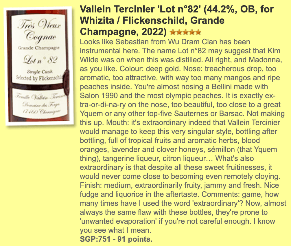 Famille Vallein Tercinier Lot82 Cognac, 40YO, 44.2% 干邑, whiskyfun
