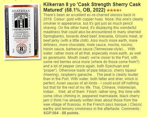 Kilkerran - 8YO, CS Sherry Cask matured, 2022 bottled, 58.1% Type : Single malt whisky 威士忌 WhiskyFun