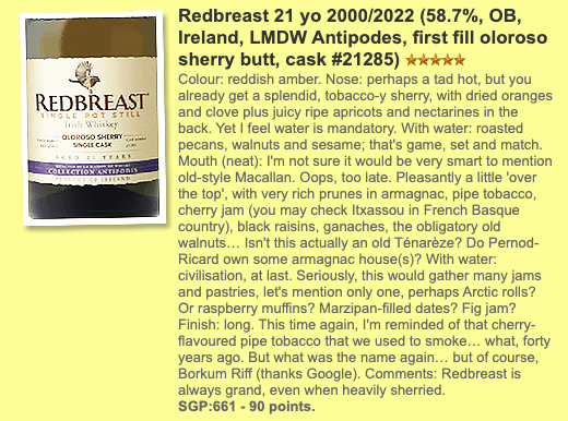 Redbreast 21YO, 2000/2022, 1st fill sherry butt, 58.7% Type : Single malt whisky 威士忌, whiskyfun
