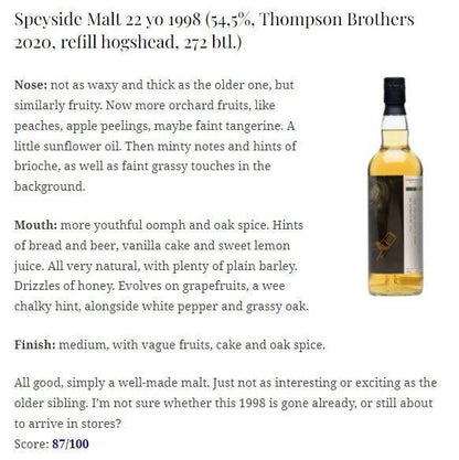 Thompson Bros Speyside - 22YO, 1998/2021, 54.5%  Type: Single Malt Whisky 威士忌 WhiskyNote