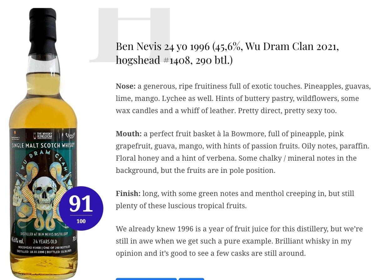 Wu Dram Clan Ben Nevis - 24YO, 1996/2021, 45.6% Type : Single malt whisky, wn