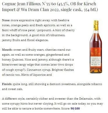 Wu Dram Clan Jean Fillioux - ~62YO, 1955+1960/2022, Cognac, 45.5% (WF91 WN90) - Cognac