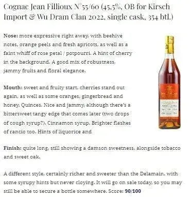 Wu Dram Clan Jean Fillioux - ~62YO, 1955+1960/2022, Cognac, 45.5% (WF91 WN90) - Cognac