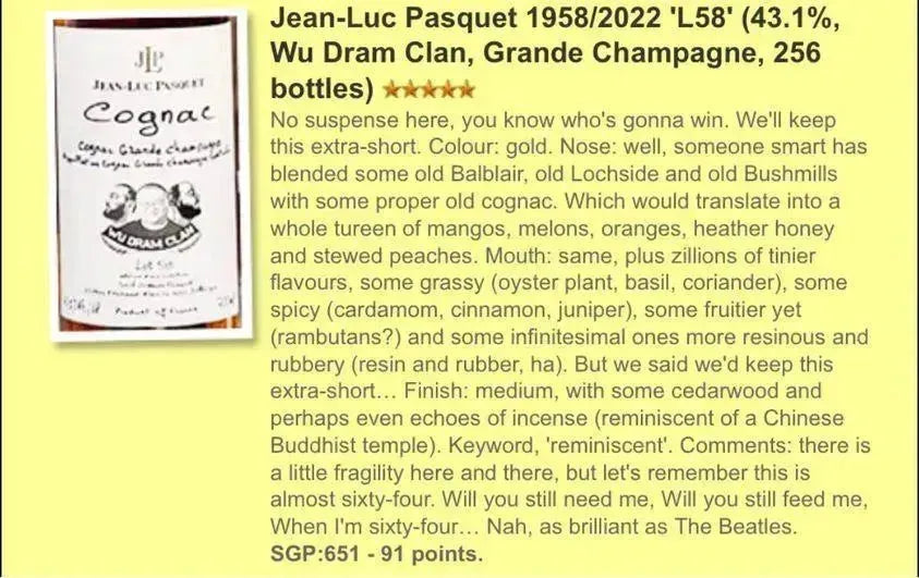 Wu Dram Clan Jean-Luc Pasquet - ~64YO, Lot 58, 43.1% (WF91) - Cognac