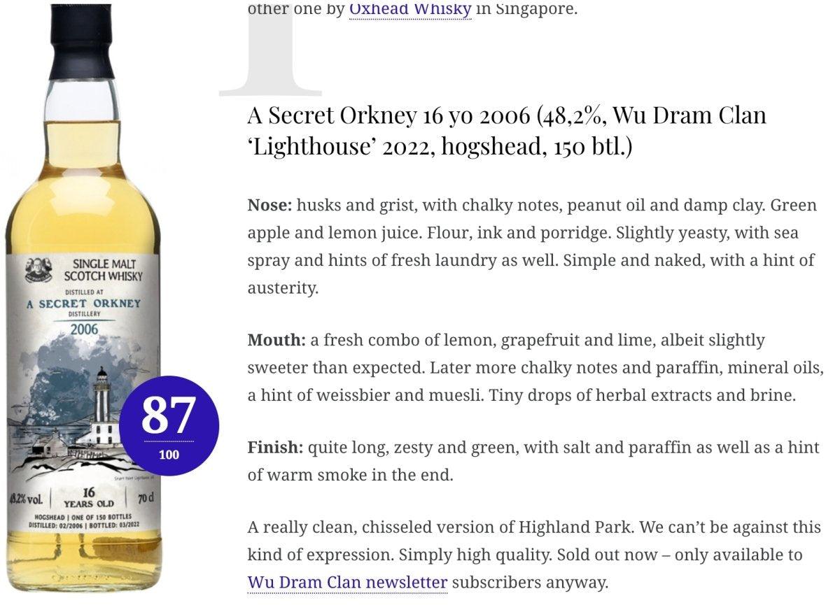 Wu Dram Clan Secret Orkney - 16YO, 2006/2022, 48.2%   Type : Single malt whisky, whiskynotes