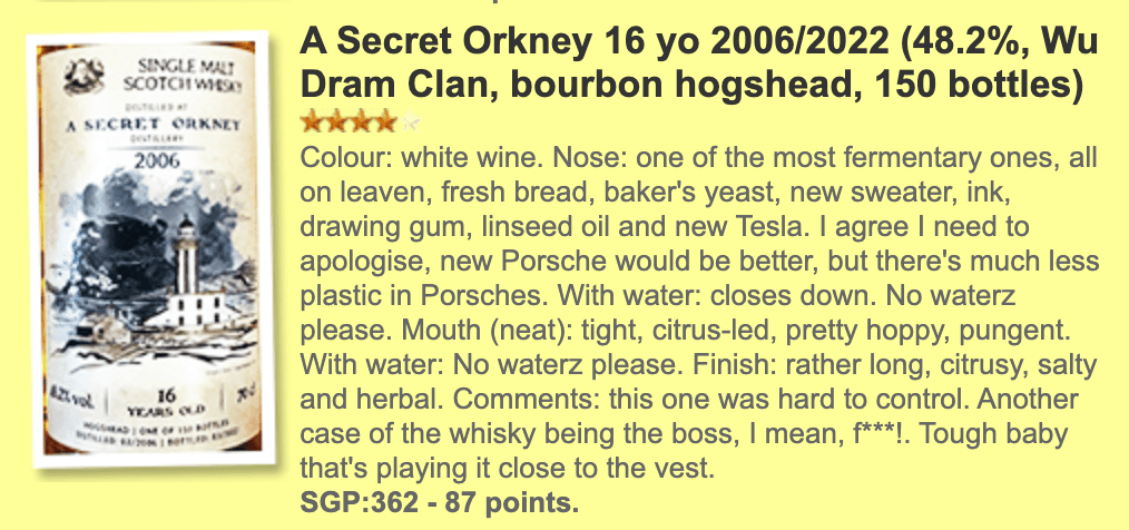 Wu Dram Clan Secret Orkney - 16YO, 2006/2022, 48.2%   Type : Single malt whisky, whiskyfun
